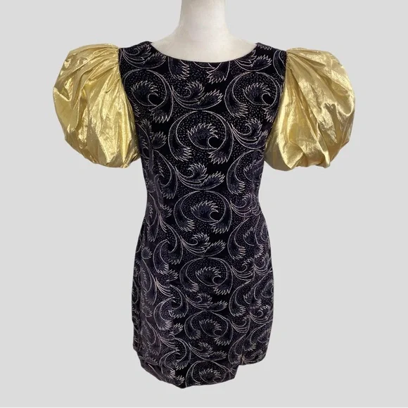 Vintage | Dresses | Vintage Dramatic Gold Puff Sleeve Purple Black Velvet  Gold Swirl Dress | Poshmark